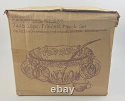 Indiana Glass Iridescent Blue Carnival Punch Bowl Set Princess Original Box Vtg