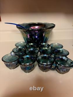 Indiana Glass Iridescent Blue Glass Punch Bowl 12 Cups Ladle Harvest Great Cond