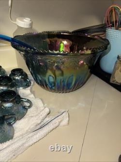 Indiana Glass Iridescent Blue Glass Punch Bowl 12 Cups Ladle Harvest Great Cond
