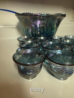 Indiana Glass Iridescent Blue Glass Punch Bowl 12 Cups Ladle Harvest Great Cond