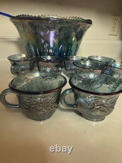 Indiana Glass Iridescent Blue Glass Punch Bowl 12 Cups Ladle Harvest Great Cond