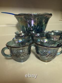 Indiana Glass Iridescent Blue Glass Punch Bowl 12 Cups Ladle Harvest Great Cond