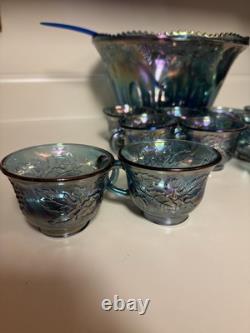 Indiana Glass Iridescent Blue Glass Punch Bowl 12 Cups Ladle Harvest Great Cond