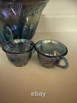 Indiana Glass Iridescent Blue Glass Punch Bowl 12 Cups Ladle Harvest Great Cond