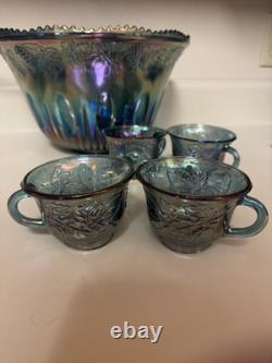 Indiana Glass Iridescent Blue Glass Punch Bowl 12 Cups Ladle Harvest Great Cond