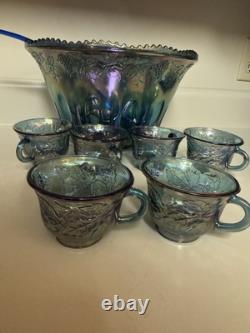 Indiana Glass Iridescent Blue Glass Punch Bowl 12 Cups Ladle Harvest Great Cond