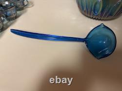 Indiana Glass Iridescent Blue Glass Punch Bowl 12 Cups Ladle Harvest Great Cond