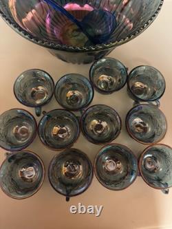 Indiana Glass Iridescent Blue Glass Punch Bowl 12 Cups Ladle Harvest Great Cond