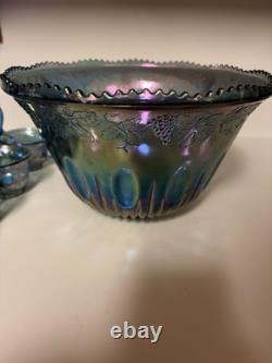 Indiana Glass Iridescent Blue Glass Punch Bowl 12 Cups Ladle Harvest Great Cond