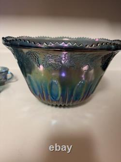 Indiana Glass Iridescent Blue Glass Punch Bowl 12 Cups Ladle Harvest Great Cond