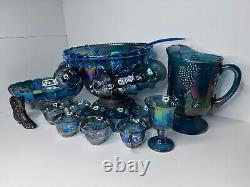 Indiana Glass Iridescent Blue Harvest Carnival Punch Bowl Full Set. Vintage