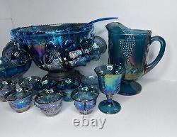Indiana Glass Iridescent Blue Harvest Carnival Punch Bowl Full Set. Vintage