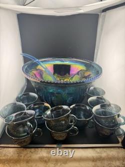 Indiana Glass Iridescent Carnival Glass Punch Bowl 12 Cups, Not Used