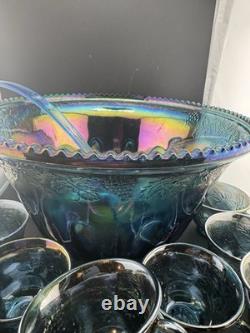 Indiana Glass Iridescent Carnival Glass Punch Bowl 12 Cups, Not Used