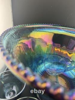 Indiana Glass Iridescent Carnival Glass Punch Bowl 12 Cups, Not Used