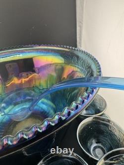 Indiana Glass Iridescent Carnival Glass Punch Bowl 12 Cups, Not Used