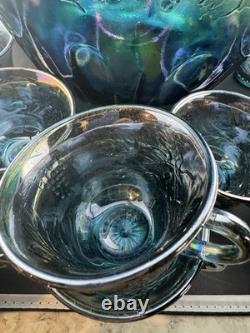 Indiana Glass Iridescent Carnival Glass Punch Bowl 12 Cups, Not Used