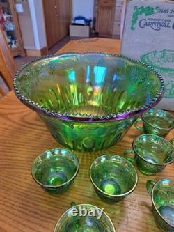 Indiana Glass Iridescent Lime Green Carnival Glass 7qt Princess Punch Bowl Set