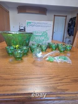Indiana Glass Iridescent Lime Green Carnival Glass 7qt Princess Punch Bowl Set Indiana Glass Iridescent Lime Green Carnival Glass 7qt Princess Punch Bowl Set