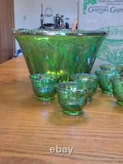 Indiana Glass Iridescent Lime Green Carnival Glass 7qt Princess Punch Bowl Set Indiana Glass Iridescent Lime Green Carnival Glass 7qt Princess Punch Bowl Set