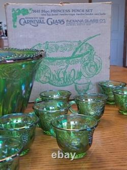 Indiana Glass Iridescent Lime Green Carnival Glass 7qt Princess Punch Bowl Set