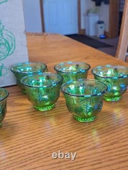 Indiana Glass Iridescent Lime Green Carnival Glass 7qt Princess Punch Bowl Set