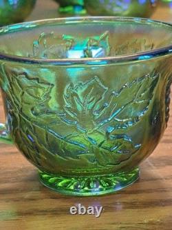 Indiana Glass Iridescent Lime Green Carnival Glass 7qt Princess Punch Bowl Set