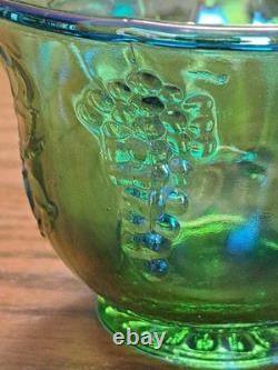 Indiana Glass Iridescent Lime Green Carnival Glass 7qt Princess Punch Bowl Set