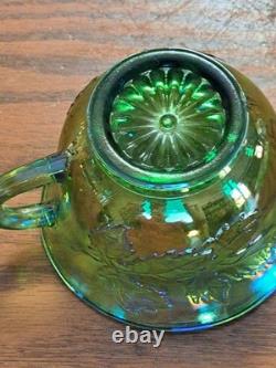 Indiana Glass Iridescent Lime Green Carnival Glass 7qt Princess Punch Bowl Set
