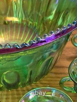 Indiana Glass Iridescent Lime Green Carnival Glass 7qt Princess Punch Bowl Set
