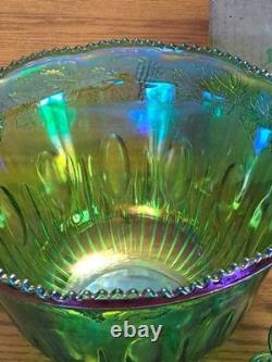 Indiana Glass Iridescent Lime Green Carnival Glass 7qt Princess Punch Bowl Set