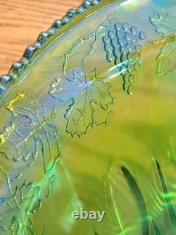 Indiana Glass Iridescent Lime Green Carnival Glass 7qt Princess Punch Bowl Set