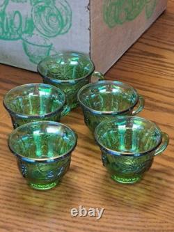 Indiana Glass Iridescent Lime Green Carnival Glass 7qt Princess Punch Bowl Set