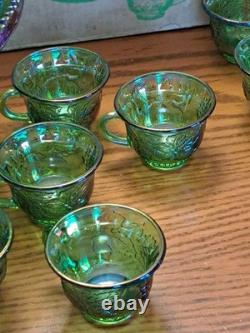 Indiana Glass Iridescent Lime Green Carnival Glass 7qt Princess Punch Bowl Set