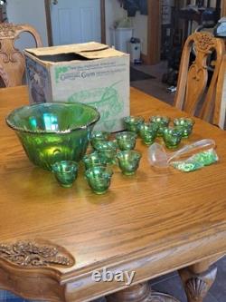 Indiana Glass Iridescent Lime Green Carnival Glass 7qt Princess Punch Bowl Set