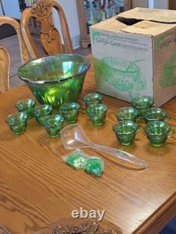 Indiana Glass Iridescent Lime Green Carnival Glass 7qt Princess Punch Bowl Set