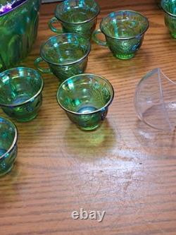 Indiana Glass Iridescent Lime Green Carnival Glass 7qt Princess Punch Bowl Set