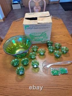 Indiana Glass Iridescent Lime Green Carnival Glass 7qt Princess Punch Bowl Set