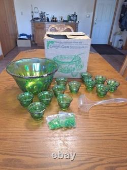 Indiana Glass Iridescent Lime Green Carnival Glass 7qt Princess Punch Bowl Set
