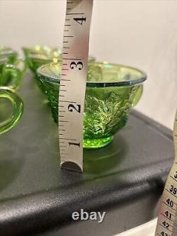 Indiana Glass Iridescent Lime Green Carnival Glass Punch Bowl 12 Cups And Ladle