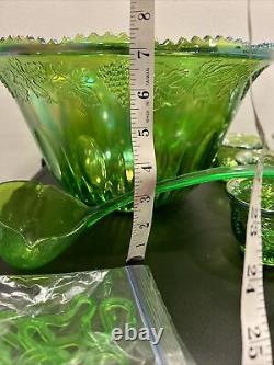 Indiana Glass Iridescent Lime Green Carnival Glass Punch Bowl 12 Cups And Ladle