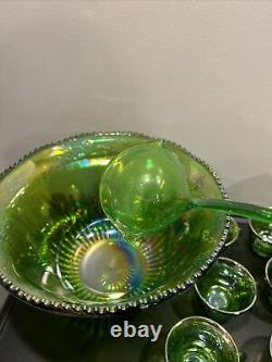 Indiana Glass Iridescent Lime Green Carnival Glass Punch Bowl 12 Cups And Ladle