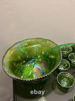 Indiana Glass Iridescent Lime Green Carnival Glass Punch Bowl 12 Cups And Ladle