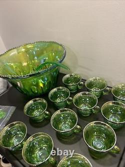 Indiana Glass Iridescent Lime Green Carnival Glass Punch Bowl 12 Cups And Ladle