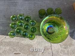 Indiana Glass Iridescent Lime Green Carnival Glass Punch Bowl And 12 Cups