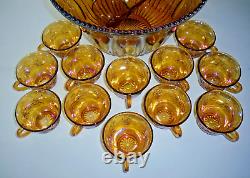Indiana Glass Iridescent Marigold Carnival Glass Punch Bowl, 12 cups, Ladle