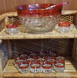 Indiana Glass Kings Crown Ruby Thumbprint Complete 16 Piece Punch Bowl Set