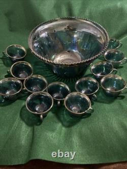 Indiana Glass Large Punch Bowl And 12 Cups. Harvest Grape Iridescent Blue