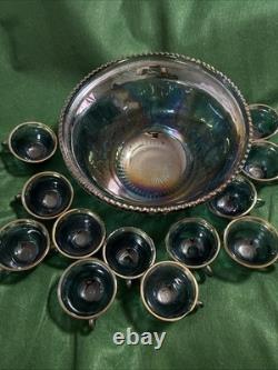 Indiana Glass Large Punch Bowl And 12 Cups. Harvest Grape Iridescent Blue