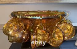 Indiana Glass Princess Amber Carnival Harvest Grape Punch Bowl, 12 Cups&Hooks